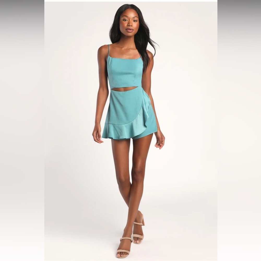 Cutout All Night Teal Blue Satin Cutout Sleeveless Skort Romper